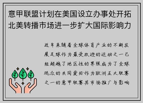 意甲联盟计划在美国设立办事处开拓北美转播市场进一步扩大国际影响力