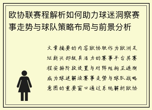 欧协联赛程解析如何助力球迷洞察赛事走势与球队策略布局与前景分析