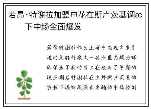 若昂·特谢拉加盟申花在斯卢茨基调教下中场全面爆发